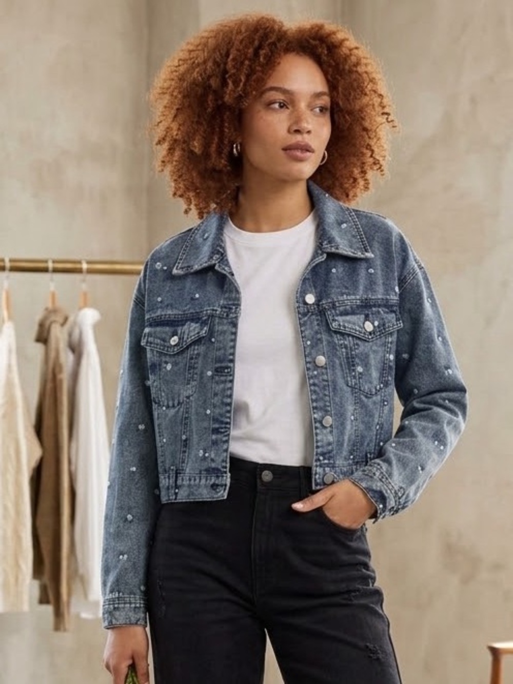 Ashley Vintage Charm Floral Embroidered Acid Wash Denim Jacket Large